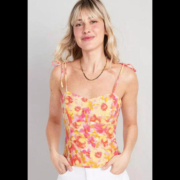 NWT Old Navy Fitted Linen Blend Tie Shoulder Cropped Cami Top Orange Pink Medium - Picture 1 of 5
